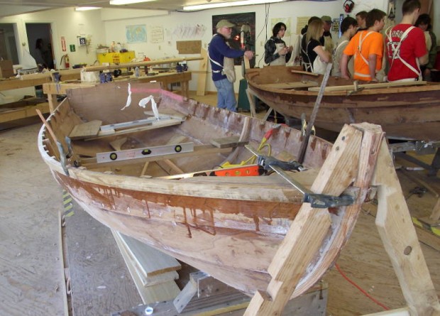 Shellback Dinghy under construction by Searsport District High School students at Penobscot Marine Museum’s Hamilton Learning Center 
