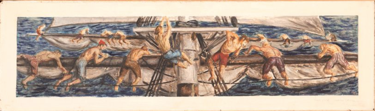 Oil painting of men climbing on the yard of a large sailing vessel