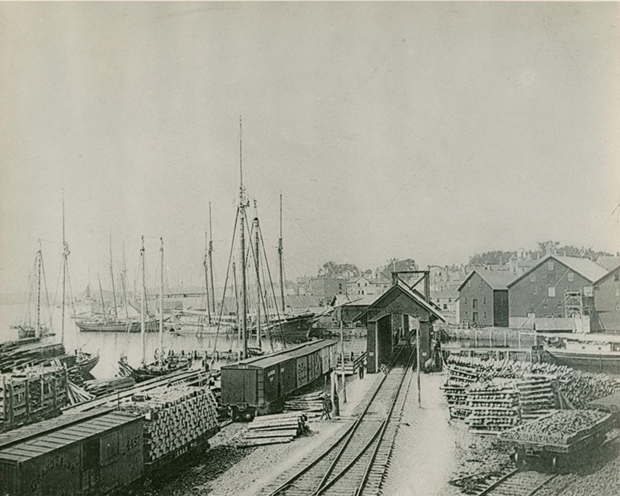 Black and white photo of working waterfront